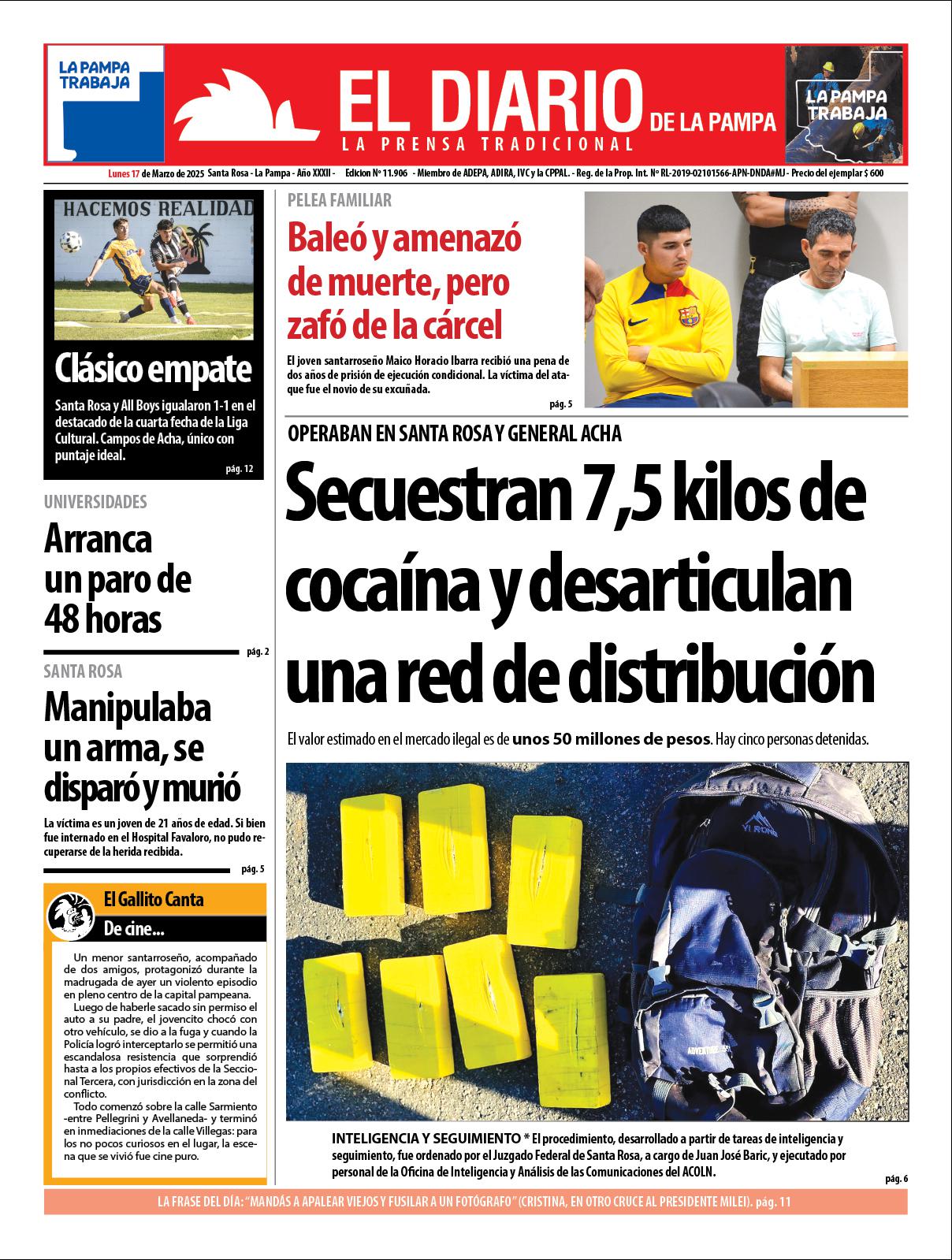 Tapa de El Diario en papel  lunes 17 de marzo de 2025
